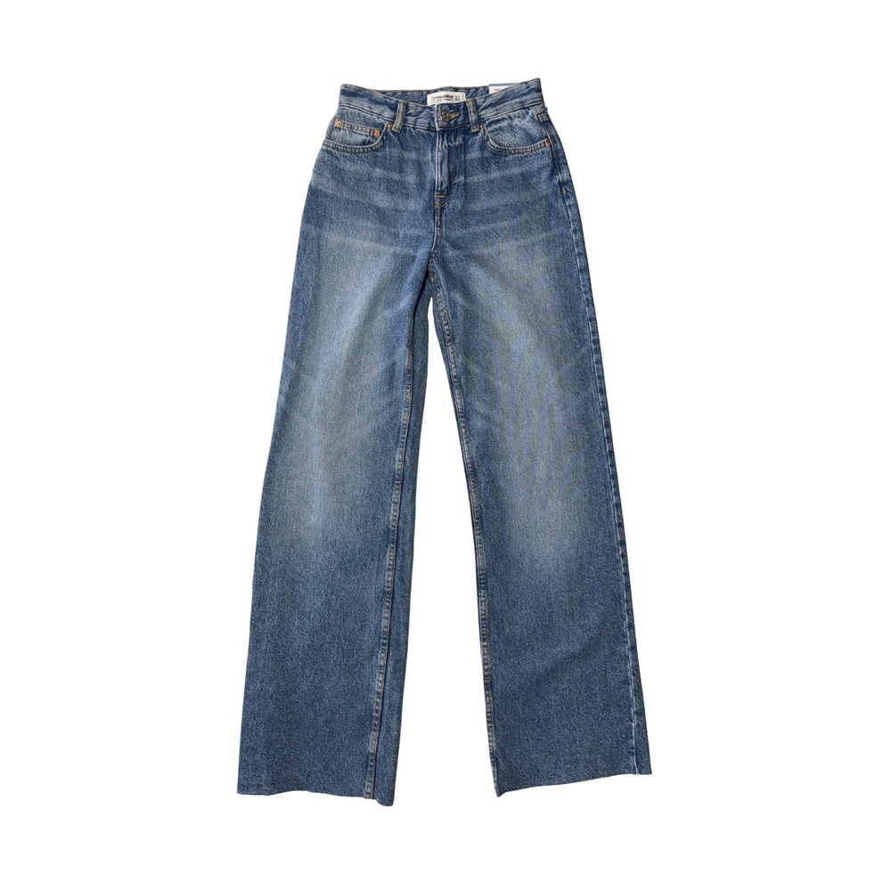 Pull&Bear Womens High Waisted Wide Leg Jeans Medium Wash Raw Hem NWT 2 US 34 EU